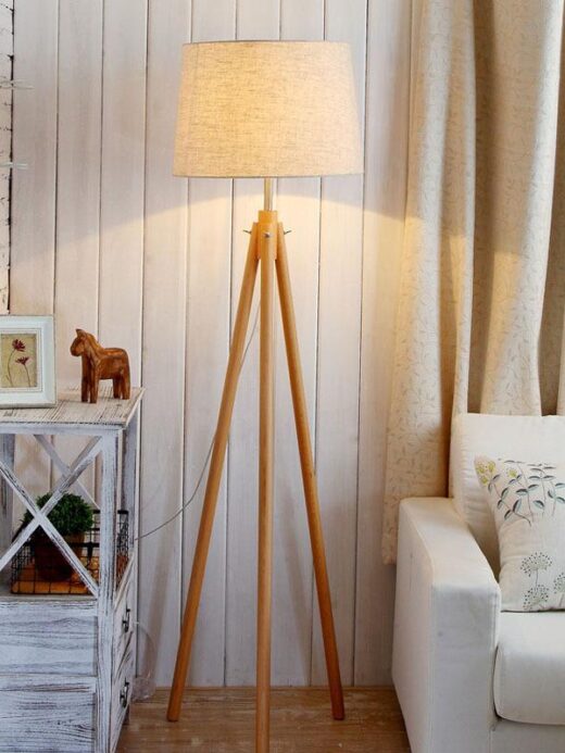 Modern Wooden Tripod Fabric Floor Lamp (Natural Wood)