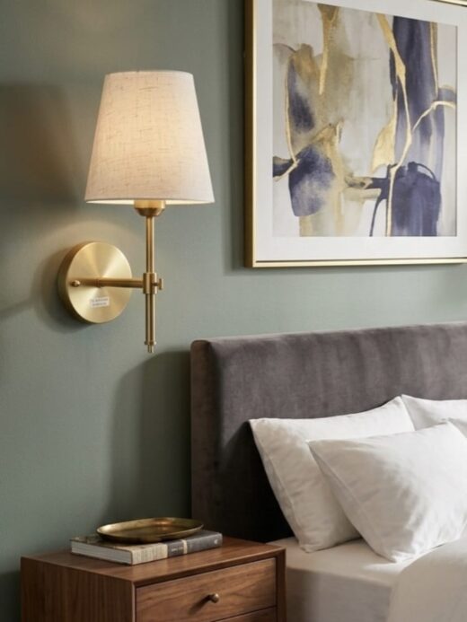 Wall Sconce (Gold Base) with White Fabric Shade