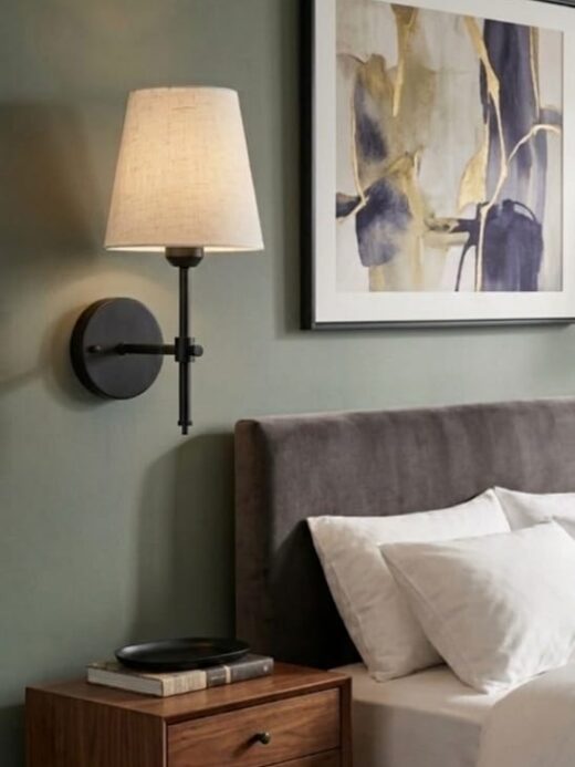 Wall Sconce (Black Base) with White Fabric Shade