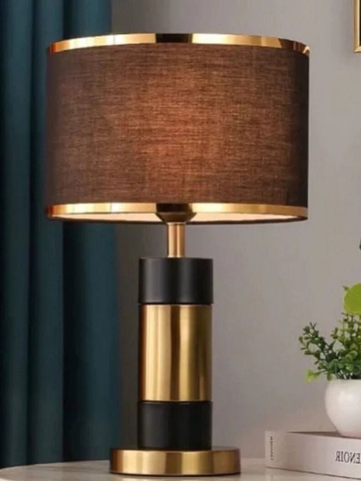Black & Gold Block Table Lamp with Dark Fabric Shade