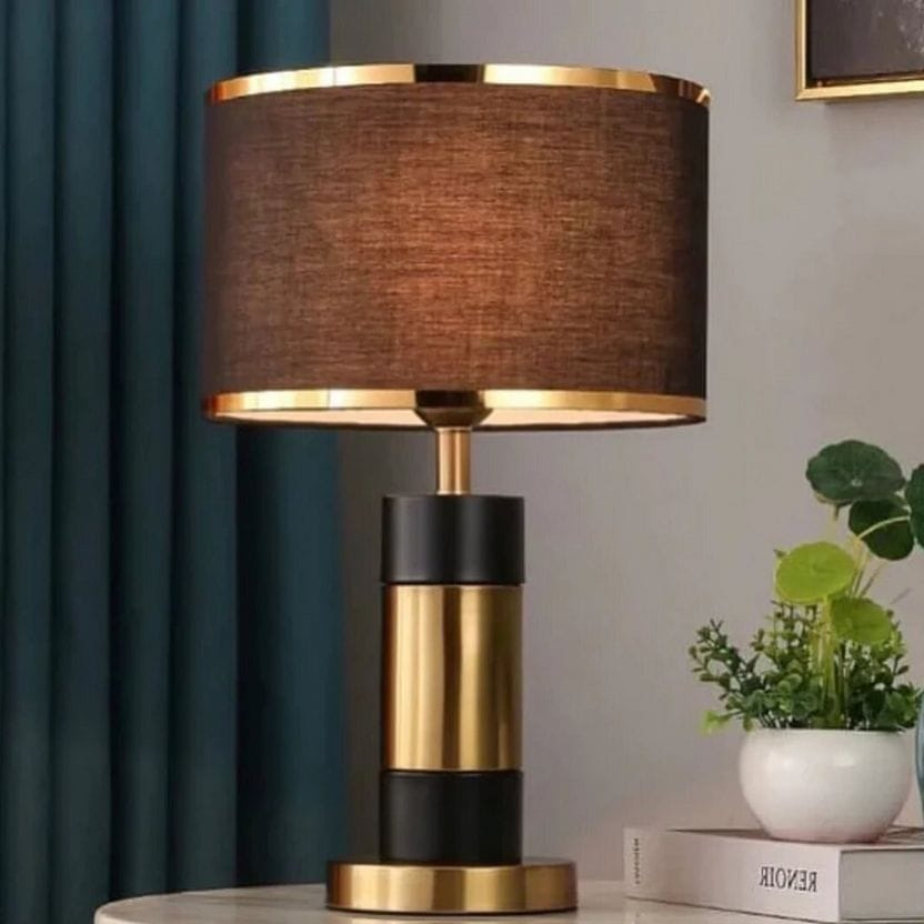 Black & Gold Block Table Lamp with Dark Fabric Shade