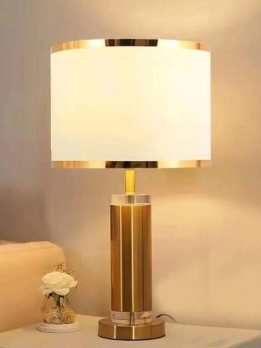 Gold Cylinder Table Lamp with Off-White Fabric Shade
