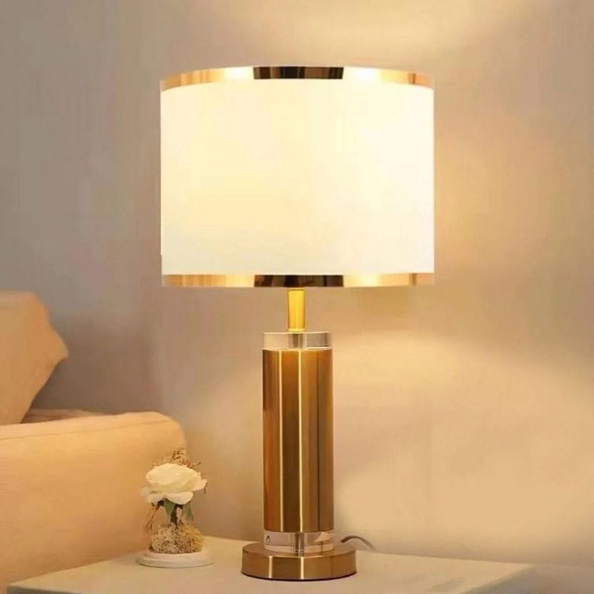 Gold Cylinder Table Lamp with Off-White Fabric Shade
