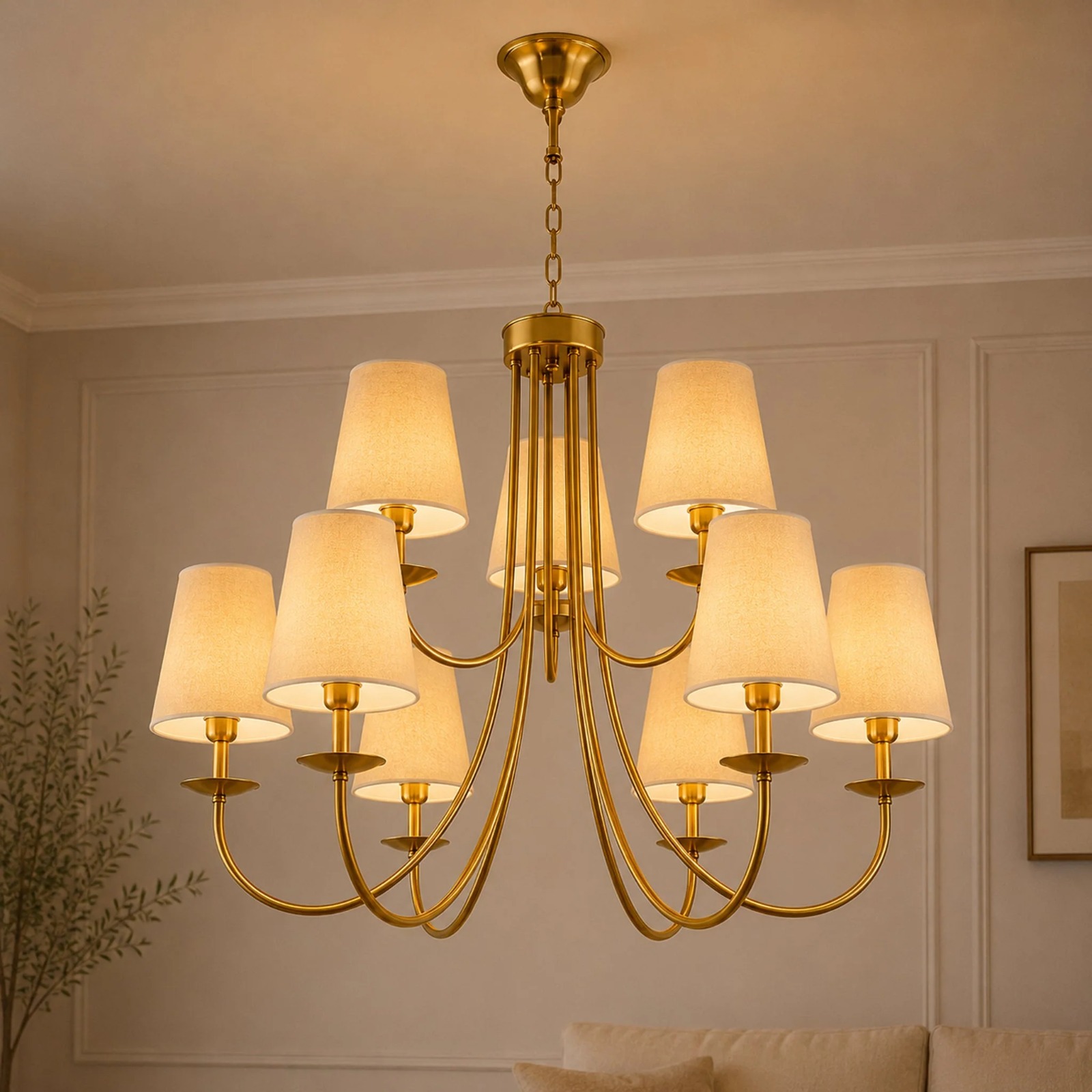 Modern 9-Light Tiered Golden Fabric Chandelier - Image 2