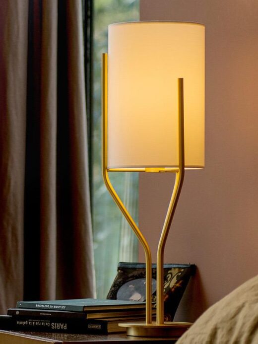 V-Shaped Gold Table Lamp with Textured Fabric Shade