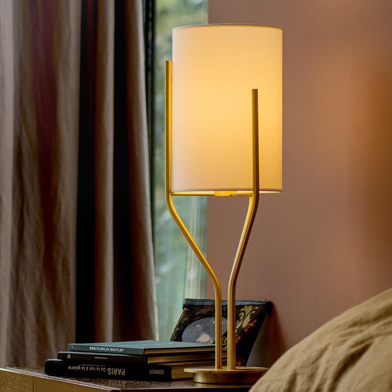 V-Shaped Gold Table Lamp with Textured Fabric Shade