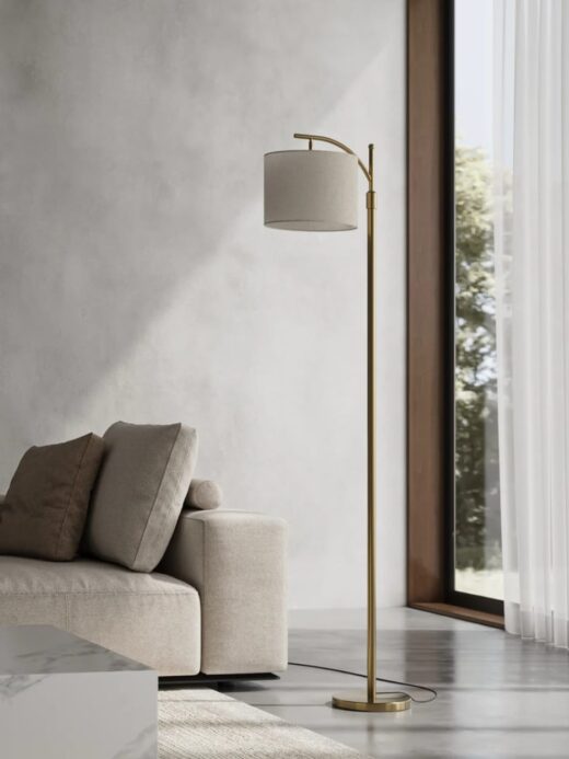 Modern Arc Arm Floor Lamp with Gold Base & Off-White Shade