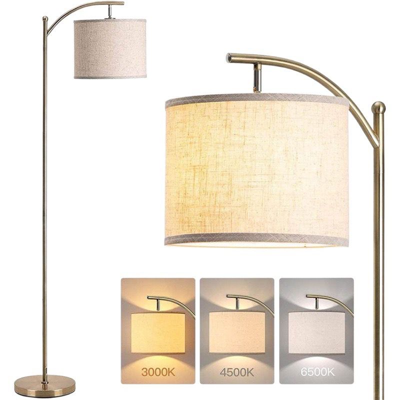 Modern Arc Arm Floor Lamp with Gold Base & Off-White Shade - Image 2