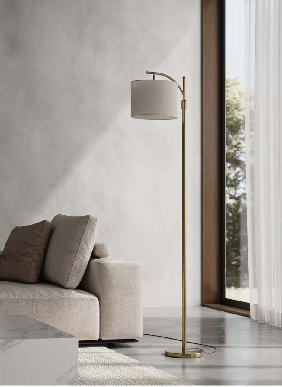 Modern Arc Arm Floor Lamp with Gold Base & Off-White Shade