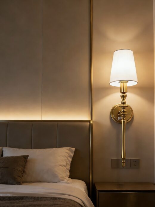Modern table lamp featuring a sleek Golden aluminum base and a white fabric shade