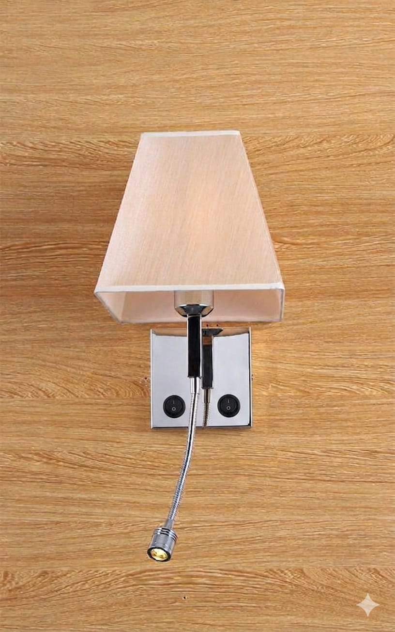 Modern Silver Aluminum Wall Lamp with Light Brown Fabric Shade - Image 2