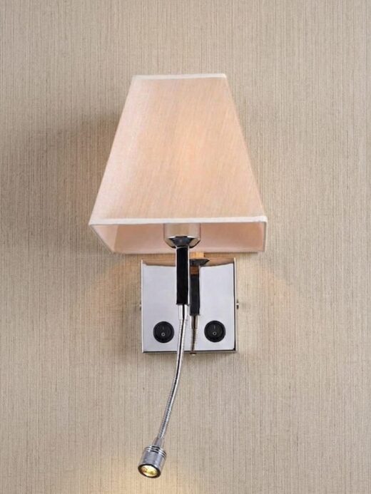 Modern Silver Aluminum Wall Lamp with Light Brown Fabric Shade
