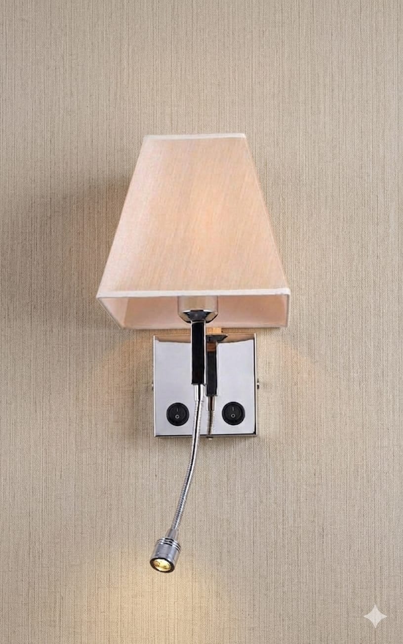 Modern Silver Aluminum Wall Lamp with Light Brown Fabric Shade