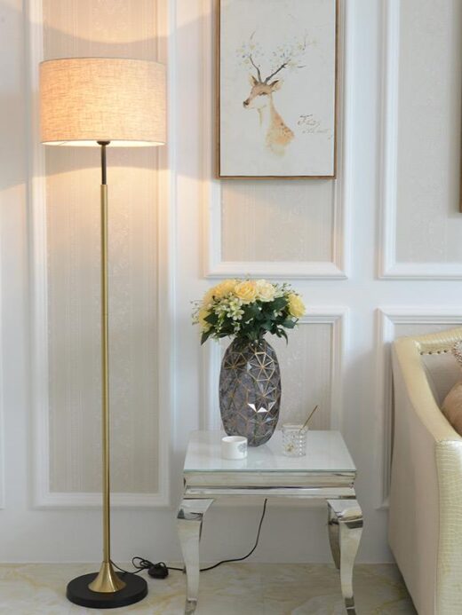 Modern Gold And Black Floor Lamp with Off-White Fabric Shade