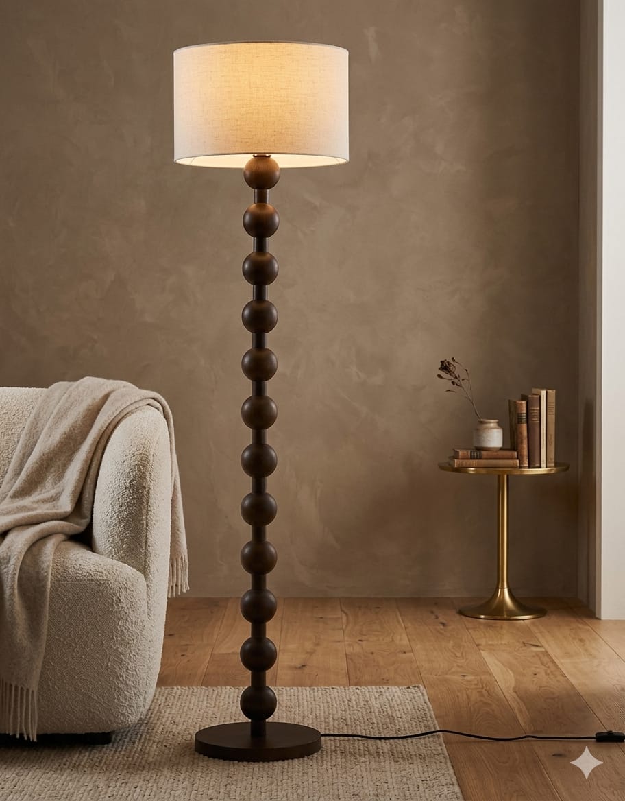 Dark Brown Beaded Wood Floor Lamp