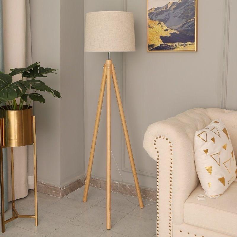Wooden Tripod Fabric Floor Lamp