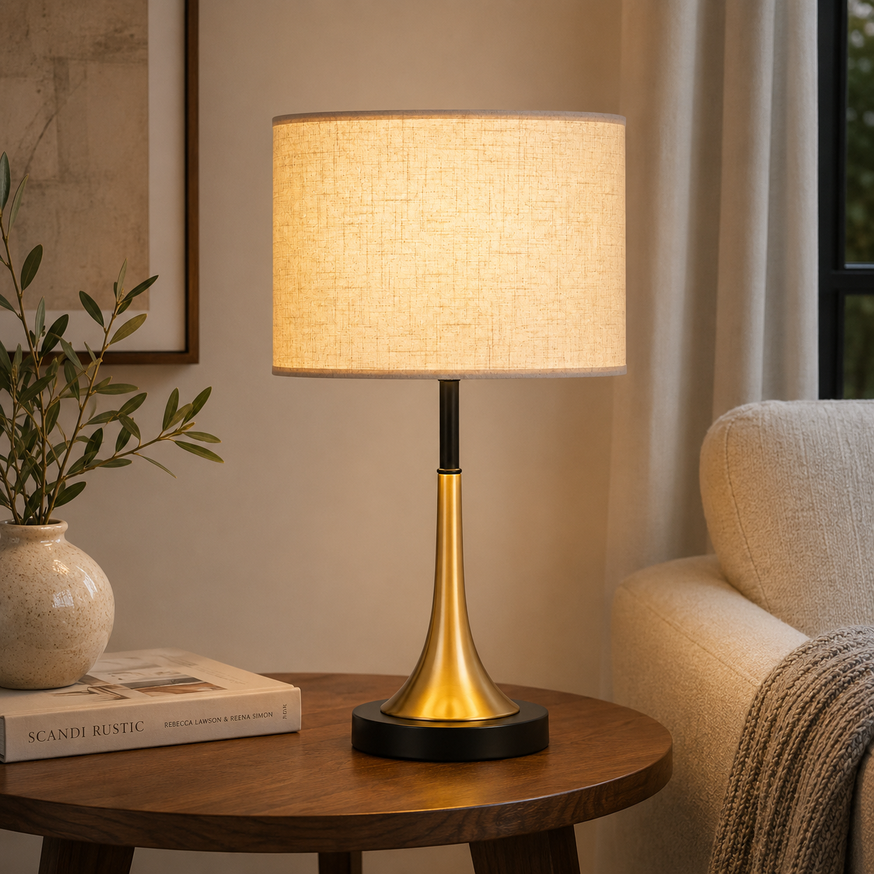 Modern Gold & Black Table Lamp–Textured Off White Shade - Image 2