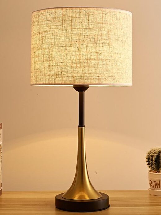 Modern Gold & Black Table Lamp–Textured Off White Shade