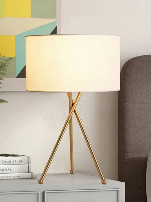 Golden Tripod Table Lamp with Off-White Drum Shade