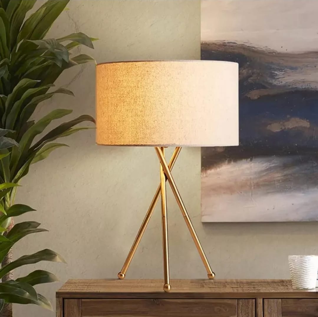 Golden Tripod Table Lamp with Off-White Drum Shade - Image 2