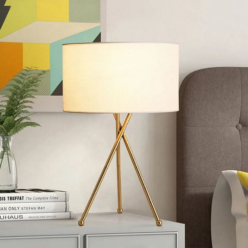 Golden Tripod Table Lamp with Off-White Drum Shade
