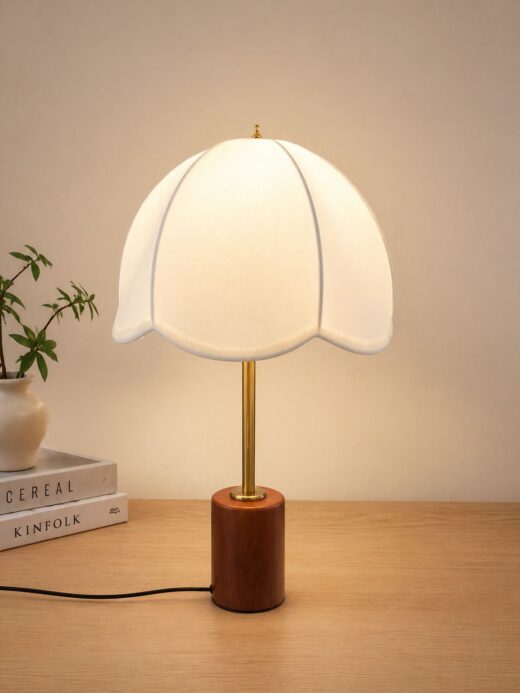 Umbrella-Shaped Table Lamp with Wood & Gold Base