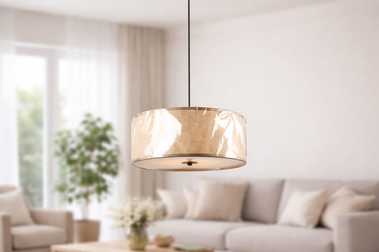 Beige Fabric Round Ceiling Lamp - Image 4